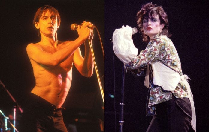American musician Iggy Pop performs at Lyceum, London, 13th May 1979. (Photo by Watal Asanuma/Shinko Music via Getty Images) and Siouxsie Sioux of Siouxsie and The Banshees performs on stage at Hammersmith Odeon, on November 11th, 1978 in London, England. (Photo by Pete Still/Redferns)