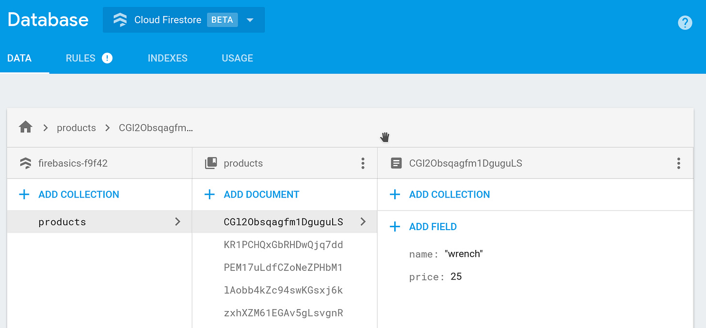 Bộ sưu tập sản phẩm Firestore