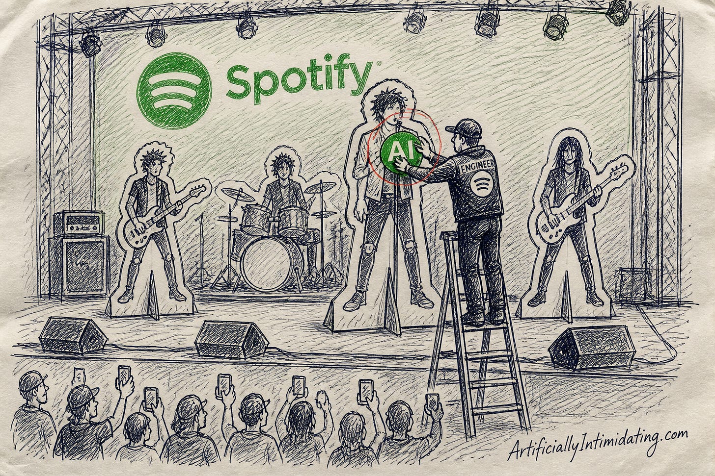 Pen-and-ink cartoon: a concert stage backed by a Spotify green backdrop and wordmark, where every member of the band is a flat cardboard cutout on a stand. A stagehand on a stepladder presses a large round green sticker reading AI onto the lead singer cutout, circled in red. Below, a small crowd of fans holds phones up, unbothered.