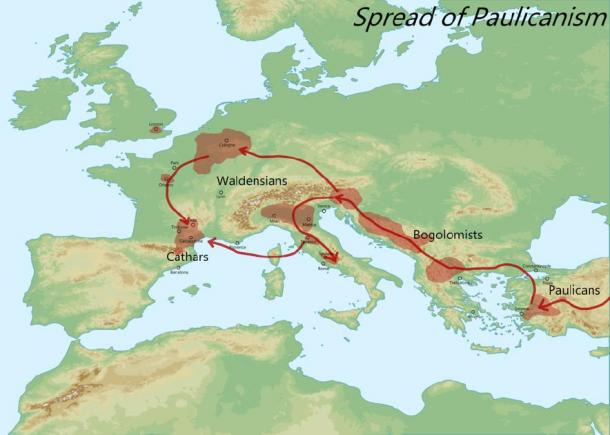 Map showing spread of Paulicianism across Europe, the beginning of the Cathars. (Aldan-2 / CC BY-SA 4.0)