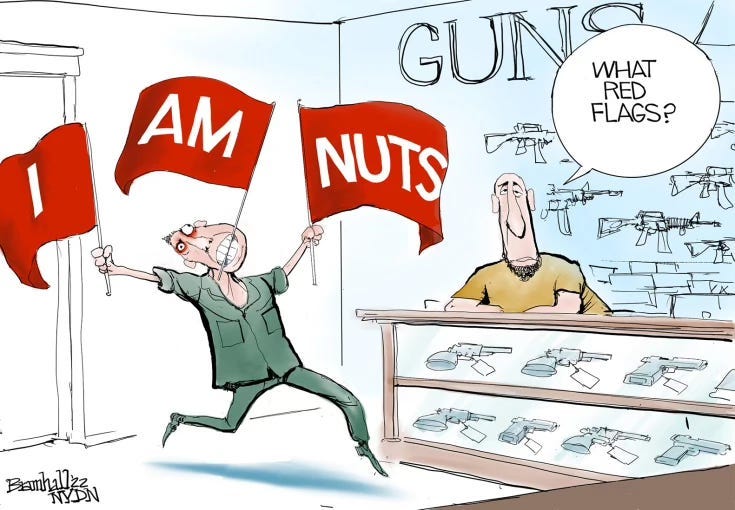 Cartoon of a person holding a couple red flags

Description automatically generated