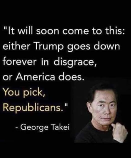 May be an image of 1 person and text that says '"It will soon come to this: either Trump goes down forever in disgrace, or America does. You pick, Republicans." -George Takei'