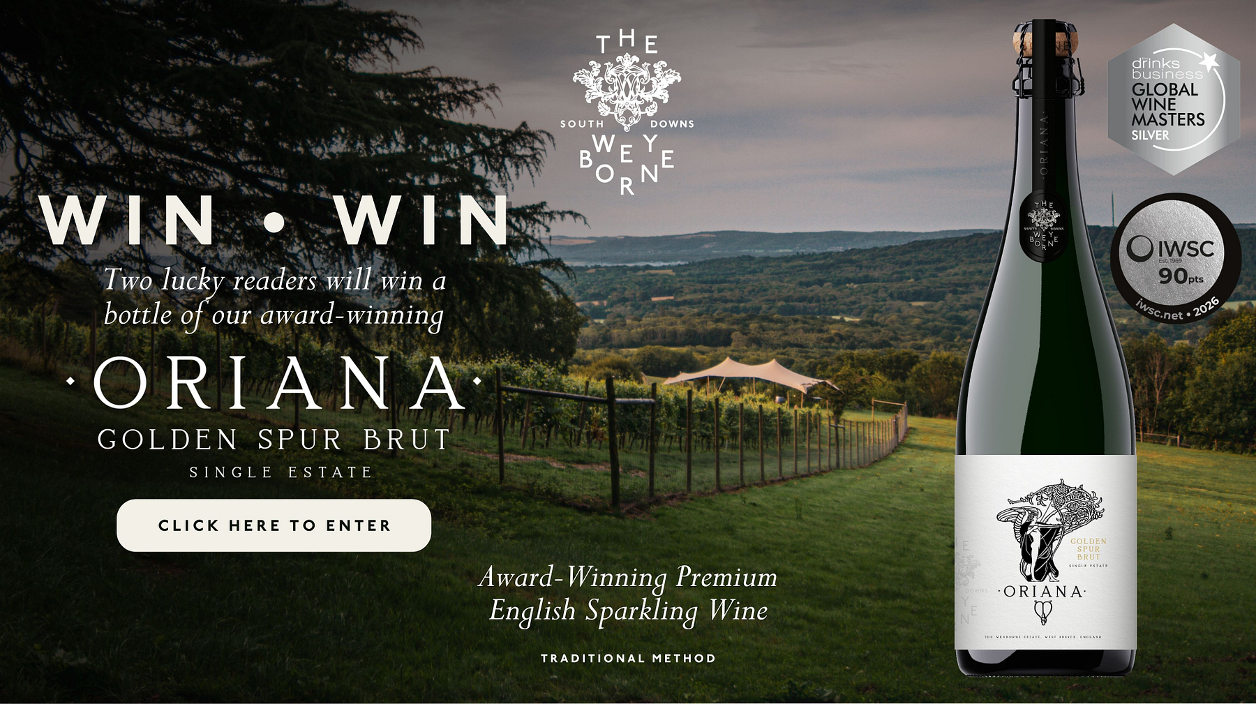 Win Win: The Weyborne Estate Oriana Golden Spur Brut giveaway banner