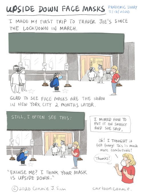 Pandemic Diary: Upside Down Face Masks comics, sketchbook, illustration, nyc scene, trader joe's, pandemic diary about how to wear a face mask, visual diary, connie sun, cartoonconnie