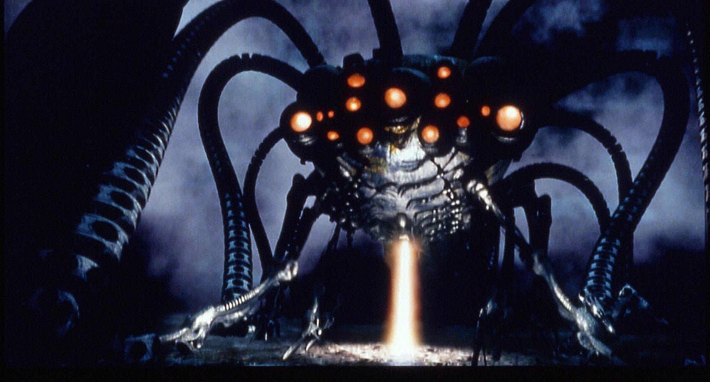 In The Matrix, Trinity says that the Sentinels (Squiddies) were “designed  for one thing.” Dozer answers with “Search and Destroy.” Not only is this  two things, but they've also shown to laser