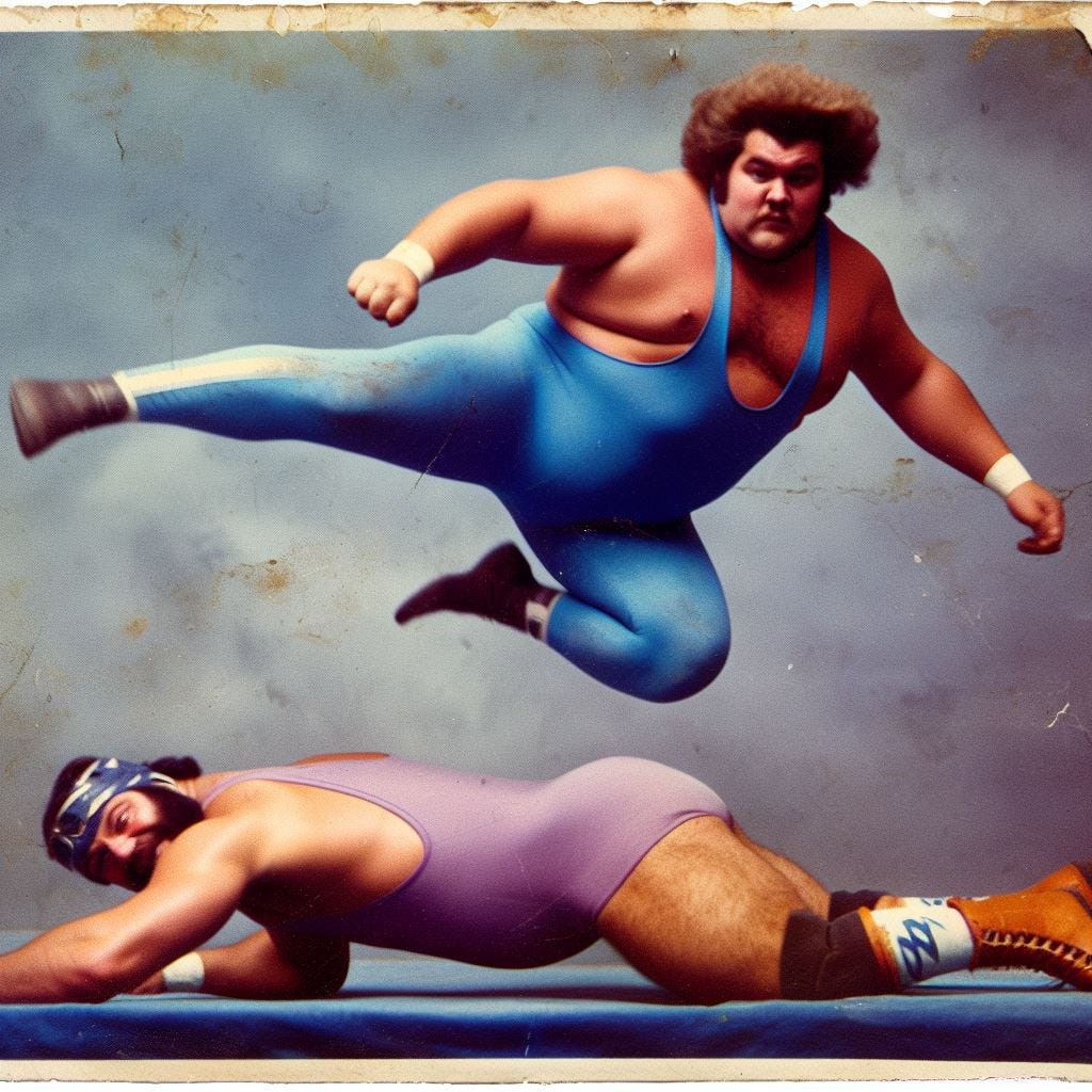 a faded photograph from the late 1970s showing a heavy male pro wrestler with poofy hair in a periwinkle blue unitard leapfrog jumping over another pro wrestler with a sabu sinbad the sailor gimmick
