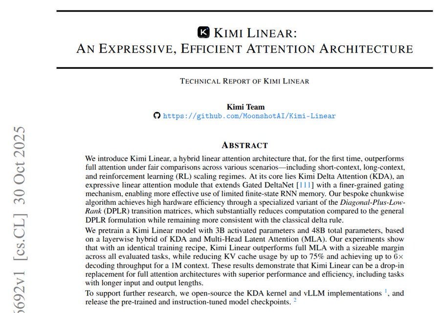 Black and white document page titled KIMI LINEAR: An Expressive, Efficient Attention Architecture Technical Report of Kimi Linear. Abstract text discusses introducing Kimi Linear as a hybrid attention mechanism outperforming full attention in reinforcement learning scenarios. Mentions core linear attention with single state vector per head for hardware efficiency via unified random memory of DeltaGrok-Low-Rank formulation. Notes training Kimi models with 2B and 7B parameters on 15B tokens achieving superior performance. Includes GitHub link at bottom and date October 30, 2025.