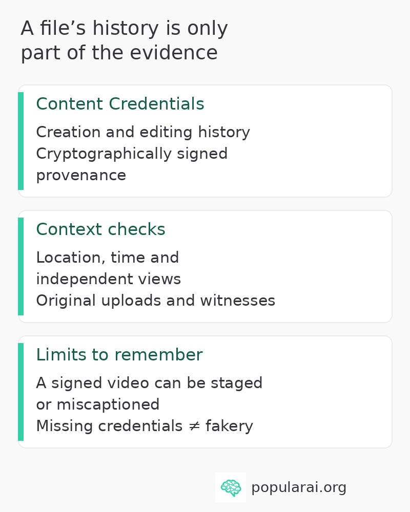 Content Credentials record a file’s history, while location, time and independent views help verify its context. Signed videos can be staged, and missing credentials do not establish fakery. Content Credentials record a file’s history, while location, time and independent views help verify its context. Signed videos can be staged, and missing credentials do not establish fakery.