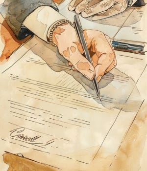 Vintage watercolor illustration of a printed contract page with a highlighted Narrative Continuity Clause and handwritten initials at the bottom.