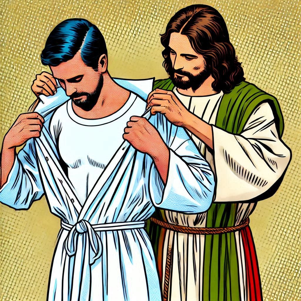 jesus is helping you put on a new white robe, pop art jesus is helping you put on a new white robe, pop art