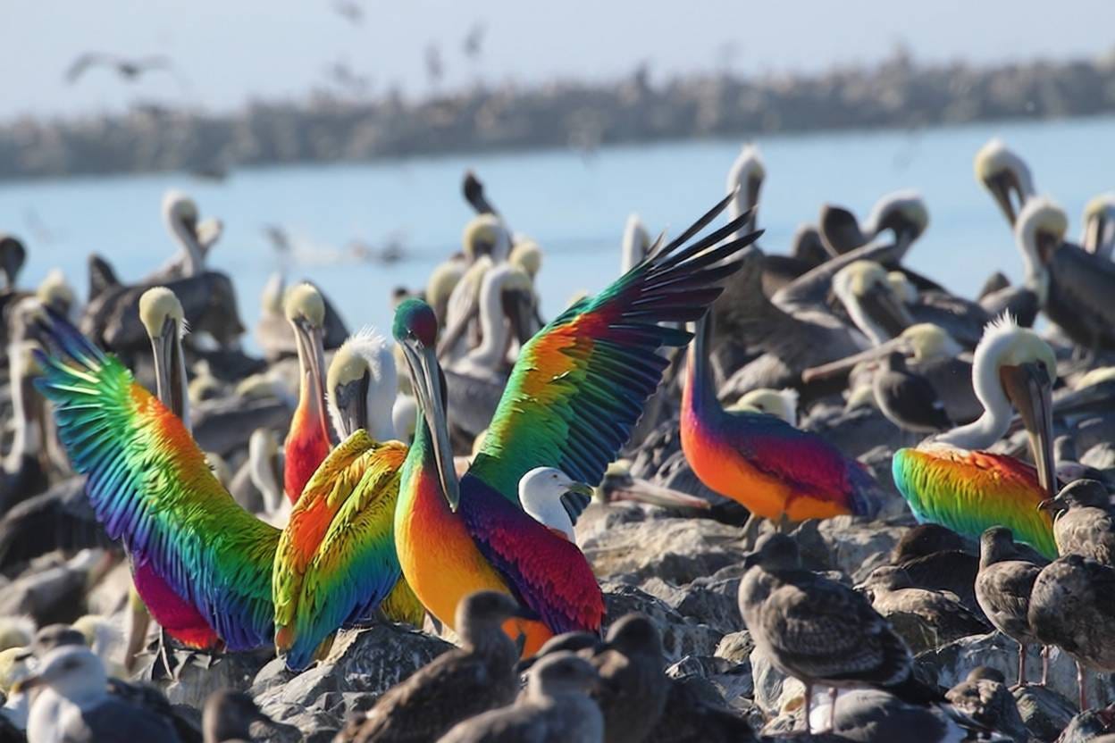 The pelicans are now almost identical in realism to the original photo but still have rainbow plumage.