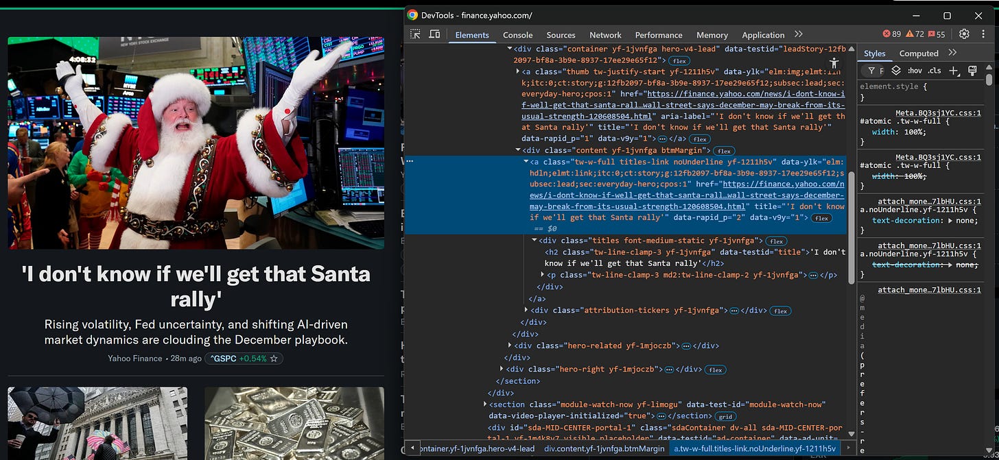Inspecting a news card HTML element on Yahoo Finance