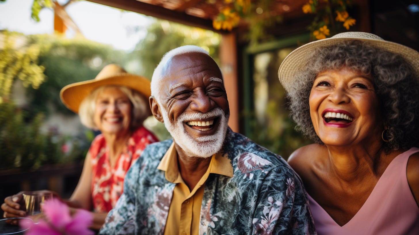 Diverse happy senior citizens in a beautiful san diego home
