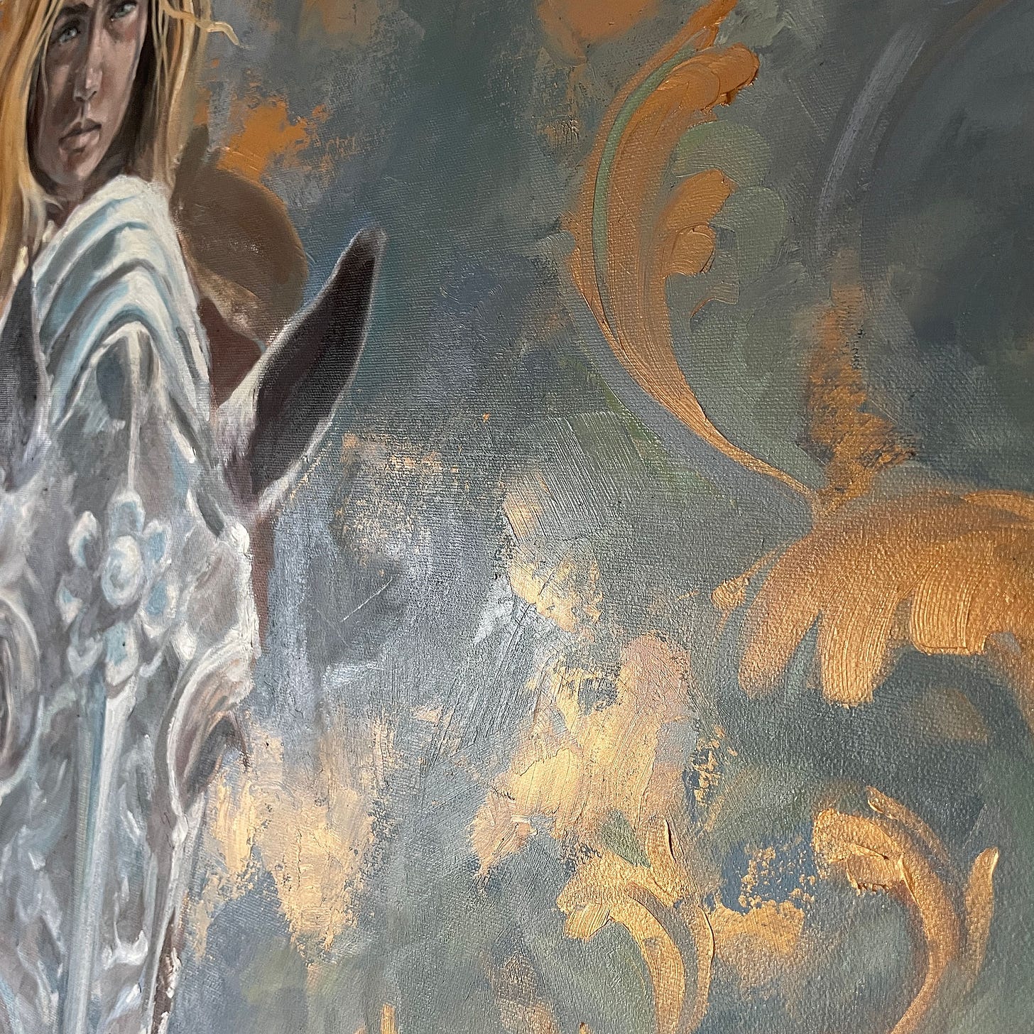 Abstract painting of a woman with long hair beside a horse with decorative patterns. Background features swirling gold and blue hues. Detail of an oil painting by Kindrie Grove