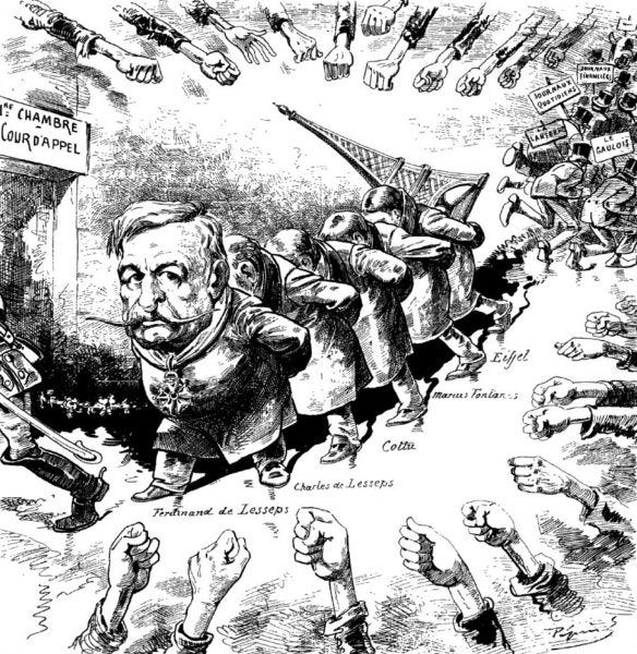 Les Martyrs de Panama (The Martyrs of Panama). Ferdinand des Lesseps leads the line of men on trial. Charles, his son, is behind him. Bringing up the rear is Gustave Eiffel. Illustration by Edouard Guillaumin Pepin (1892). Le Grelot, 27 November 1892. PD-Scanned Image. Wikimedia Commons. 