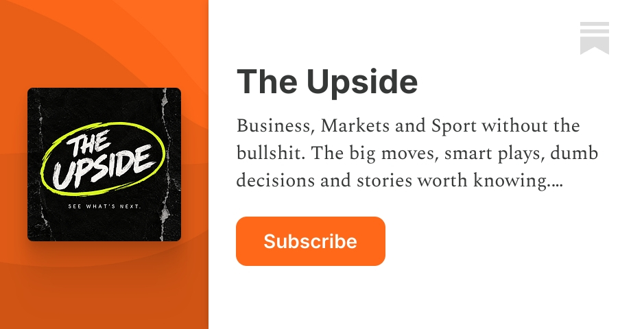 https://open.substack.com/pub/theupsidehq ## The Upside | DaGi | Substack ![Embed Thumbnail](https://substackcdn.com/image/fetch/$s_!1pcS!,f_auto,q_auto:best,fl_progressive:steep/https%3A%2F%2Ftheupsidehq.substack.com%2Ftwitter%2Fsubscribe-card.jpg%3Fv%3D-569161322%26version%3D9) …