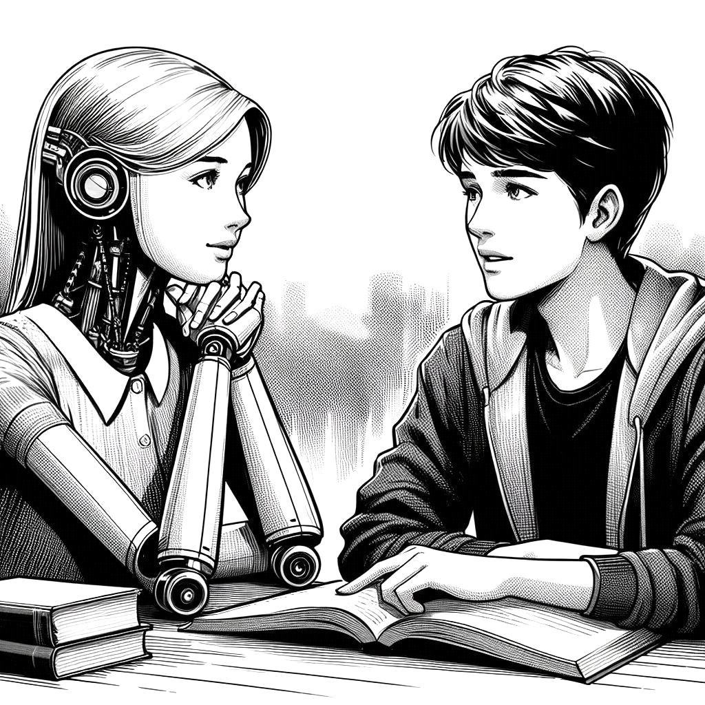 Boy speaking with robot