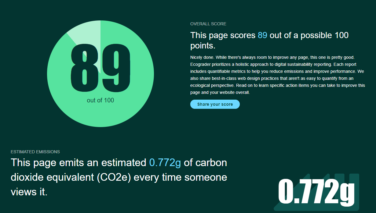 screengrab of ecograder report screen, shoowing 89/100 for substack