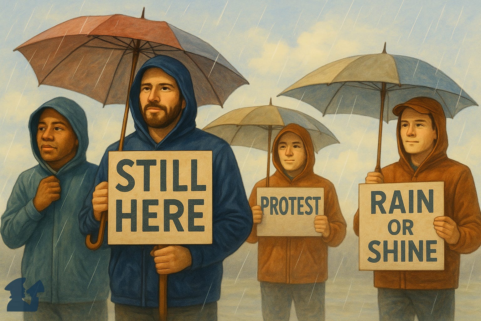 Illustration of dedicated patriots protesting in the rain Illustration of dedicated patriots protesting in the rain