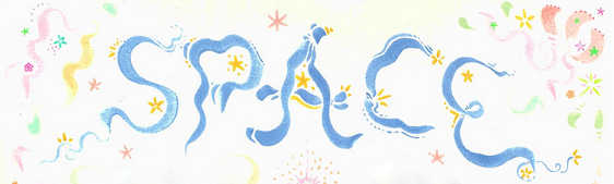 the space logo. "Space" is written in loopy, soft blue letters. Around it, stars and streamers in yellow, pink and green.