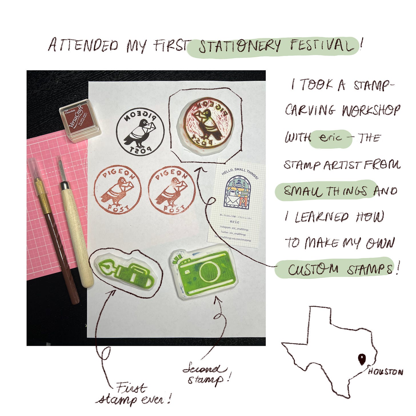 Photo of multiple hand carved stamps and the carving tools with pictures of the newest custom stamp I made from a stationery festival workshop.