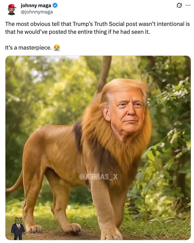 The most obvious tell that Trump’s Truth Social post wasn’t intentional is that he would’ve posted the entire thing if he had seen it.  It’s a masterpiece.