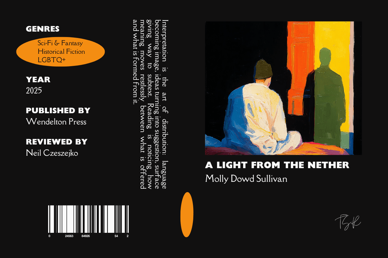 Editorial graphic featuring a stylized book jacket for "A Light From the Nether" by Molly Dowd Sullivan. The layout depicts a man in pajamas and a beanie sitting with their back to the viewer, facing a glowing doorway where a green silhouetted figure stands. Metadata columns on the left list the genres Historical Fiction, Sci-Fi & Fantasy, and LGBTQ+, the publisher Wendelton Press, and reviewer Neil Czeszejko. All set against a black composition with a column of text about the art of interpretation and a barcode at the bottom. Part of the Literary Review series at The Subtext Review.