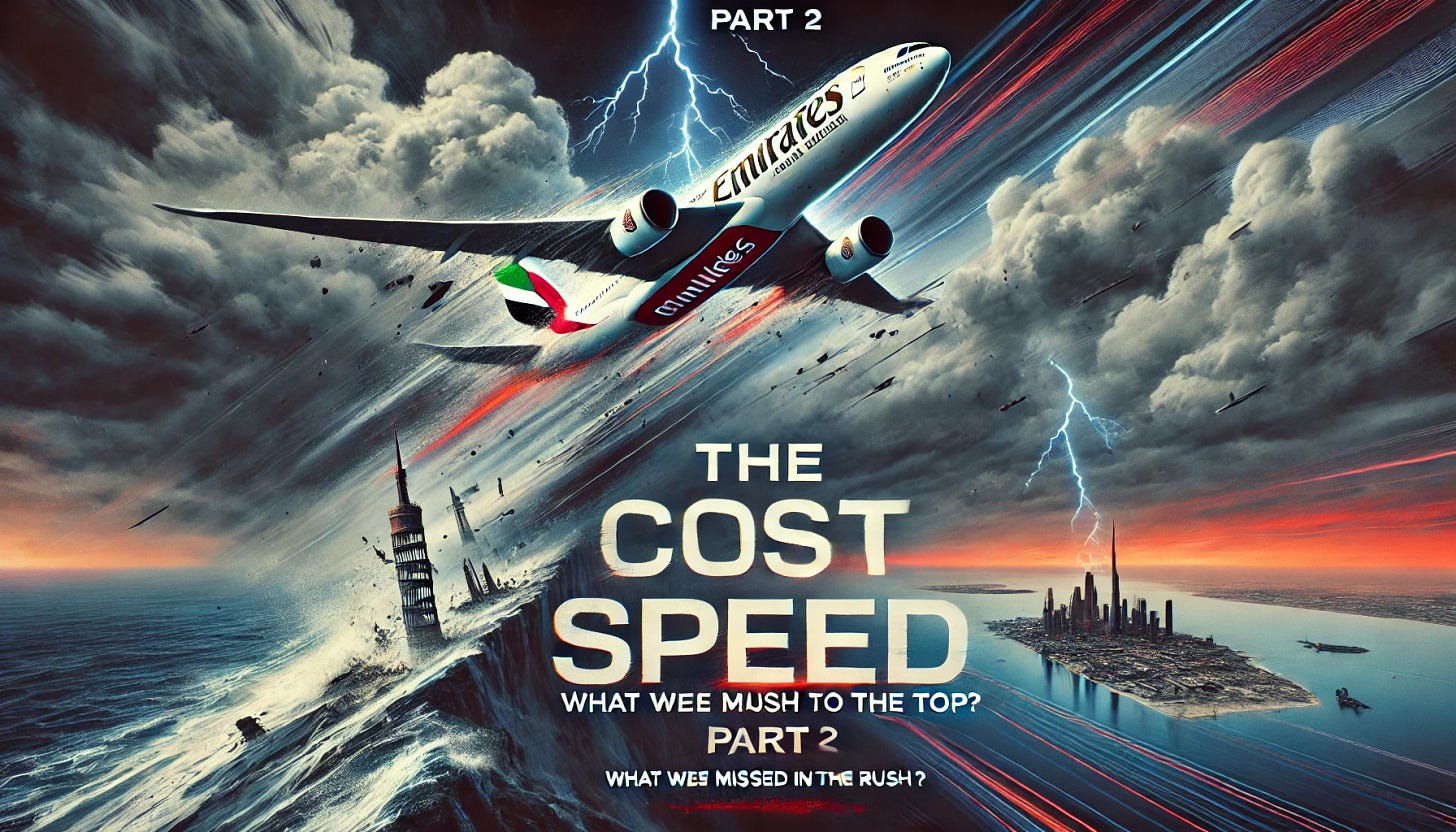 A dramatic image of an Emirates airplane at a tilted angle, struggling through turbulent storm clouds, symbolizing tension and a fall from grace. The background transitions into a stormy sky with flashes of lightning, and a distant decaying cityscape, showing cracks in the earlier success story. Darker tones of deep blues, reds, and blacks dominate the scene, contrasting with the brighter theme of Part 1. The image has a subtle glitch effect to enhance the feeling of instability and uncertainty. Large text in the center reads "The Cost of Speed" with a subtitle below saying "What Was Missed in the Rush to the Top?". "Part 2" is prominently highlighted in a bold font with a distinct bright red or glowing orange color to make it stand out and immediately draw the viewer’s focus.