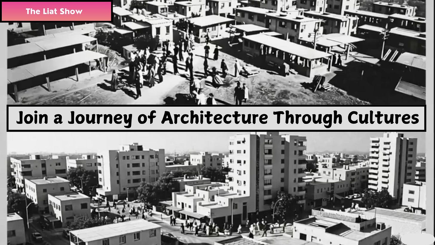 AI-generated composite image created by Liat Portal using MidJourney for The Liat Show. The upper half shows a stylized interpretation of an early residential neighborhood under construction with groups of people walking between buildings and temporary shading structures. The lower half depicts a more developed urban scene with modernist apartment blocks, trees, and residents in motion. The banner across the image reads: “Join a Journey of Architecture Through Cultures.”