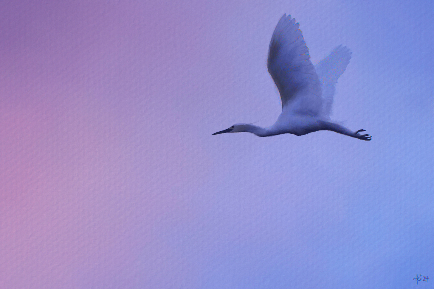 Digital colored pencil drawing of a heron flying across a pastel twilit sky.