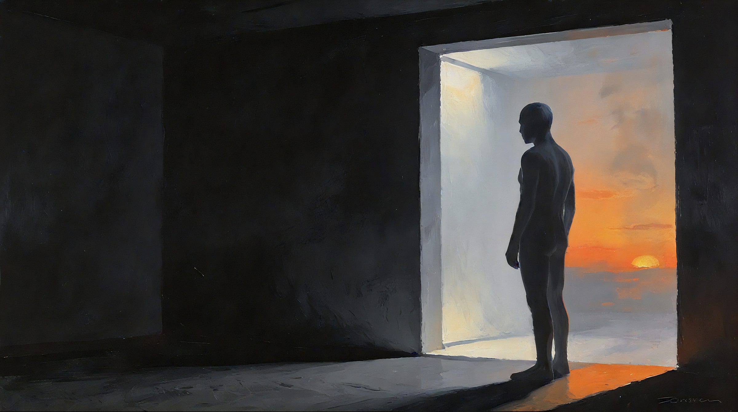 A figure stands in dark near-silhouette at the threshold of a doorway, facing a warm sunset over water in an otherwise black empty room. You cannot tell whether it is a person or a machine.