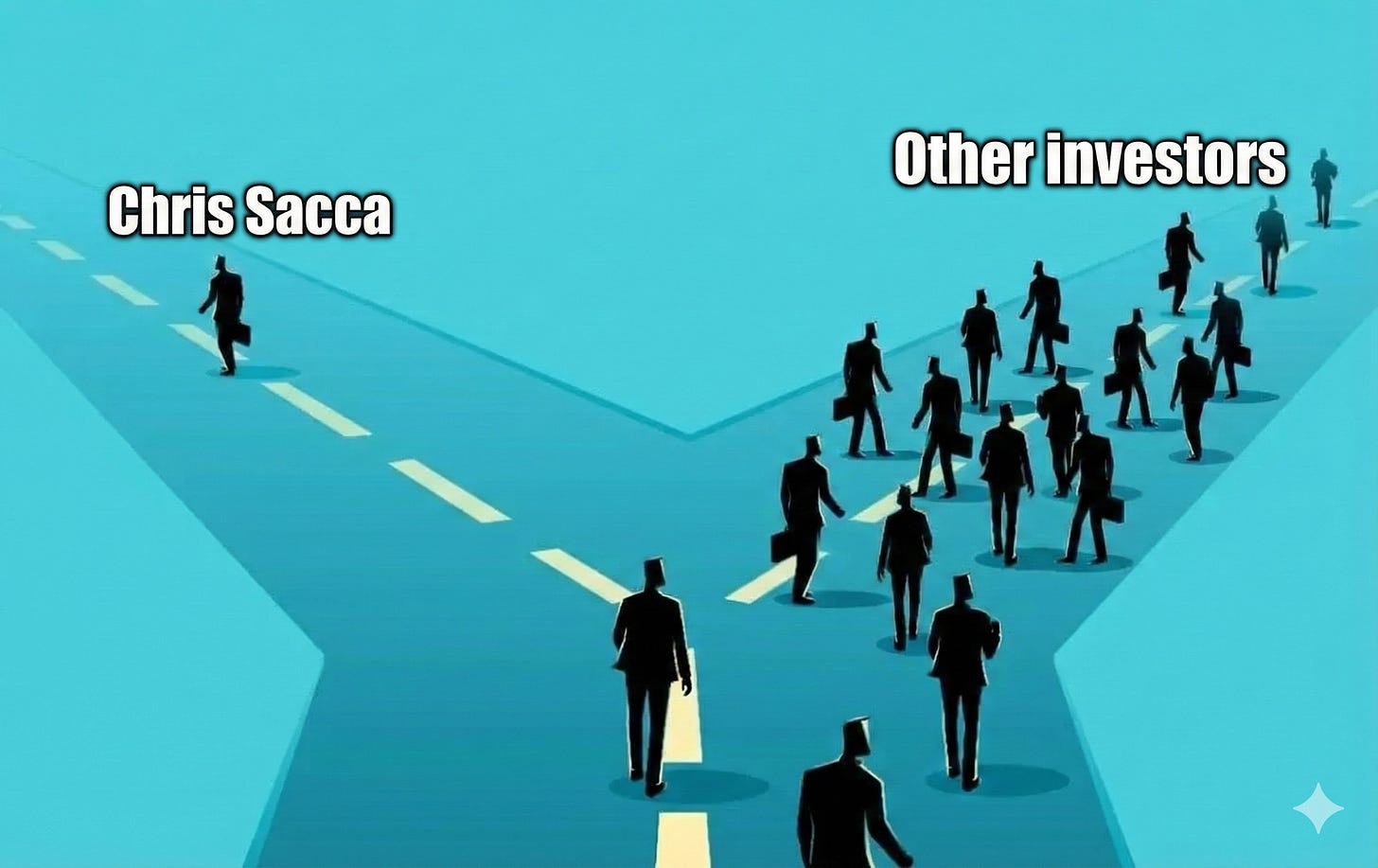 Illustration of Chris Sacca walking a separate path from other investors.