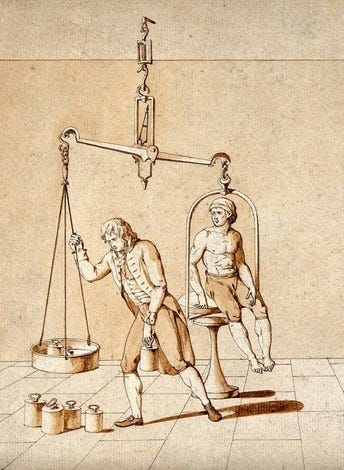 A man being weighed on a set of scales, and a man with his head in a glass container; showing Lavoisier's experiments with respiration. Drawing attributed to M.A.P. Lavoisier, ca. 1790. A man being weighed on a set of scales, and a man with his head in a glass container; showing Lavoisier's experiments with respiration. Drawing attributed to M.A.P. Lavoisier, ca. 1790.
