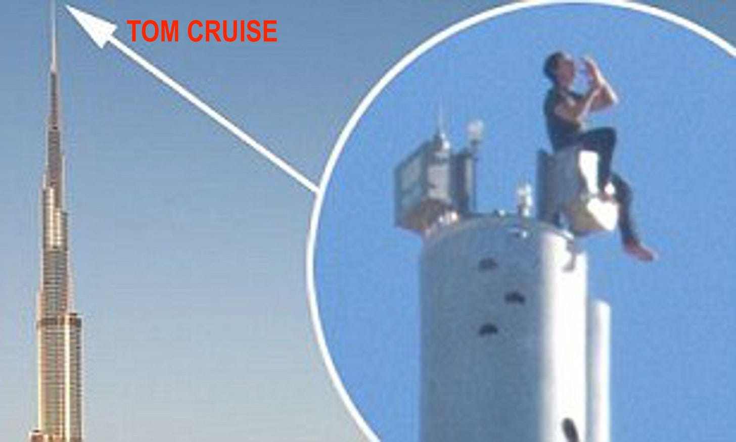 the top half of the burj khalifa from very far away, with an arrow pointing to the top. the arrow is connected to a circle displaying a zoomed-in photo of tom cruise playing air sax, barefoot, at the top of the building.