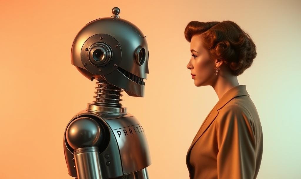 robot and human talking in art deco style in 1940s