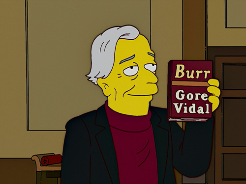 LEFT TO RIGHT: JFK, Vidal, and Tennessee Williams shooting guns; with Paul Newman; on the cover of Time; in The Simpsons.