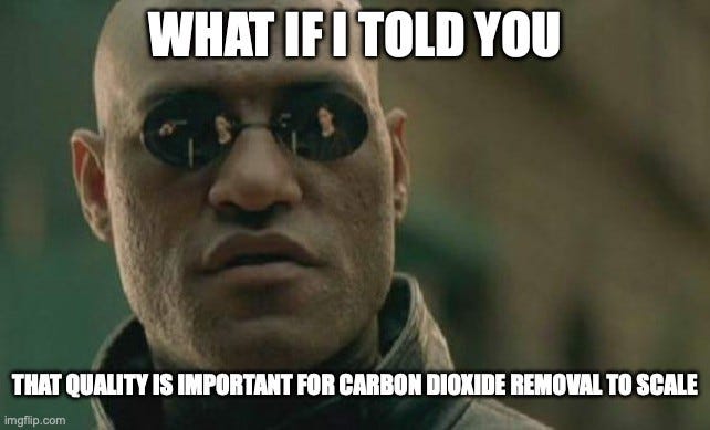 Matrix Morpheus meme: Laurence Fishburne as Morpheus in dark sunglasses. Top text: "WHAT IF I TOLD YOU" Bottom text: "THAT QUALITY IS IMPORTANT FOR CARBON DIOXIDE REMOVAL TO SCALE"