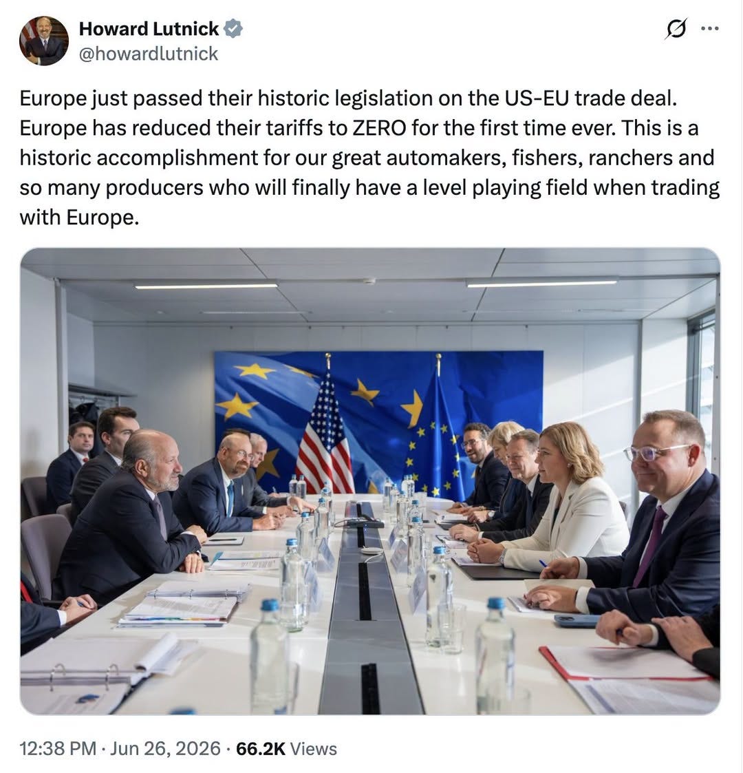 May be an image of text that says 'Howard Lutnick @howardlutnick Europe just passed their historic legislation on the US-EU trade deal. Europe has reduced their tariffs to ZERO for the first time ever. This is Thisis a historic accomplishment for our great automakers, fishers, ranchers and so many producers who will finally have a level playing field when trading with Europe. 12:38 PM 12.38PM-Jun26,2026-6.2KViews Jun 26, 2026 66.2K Views'