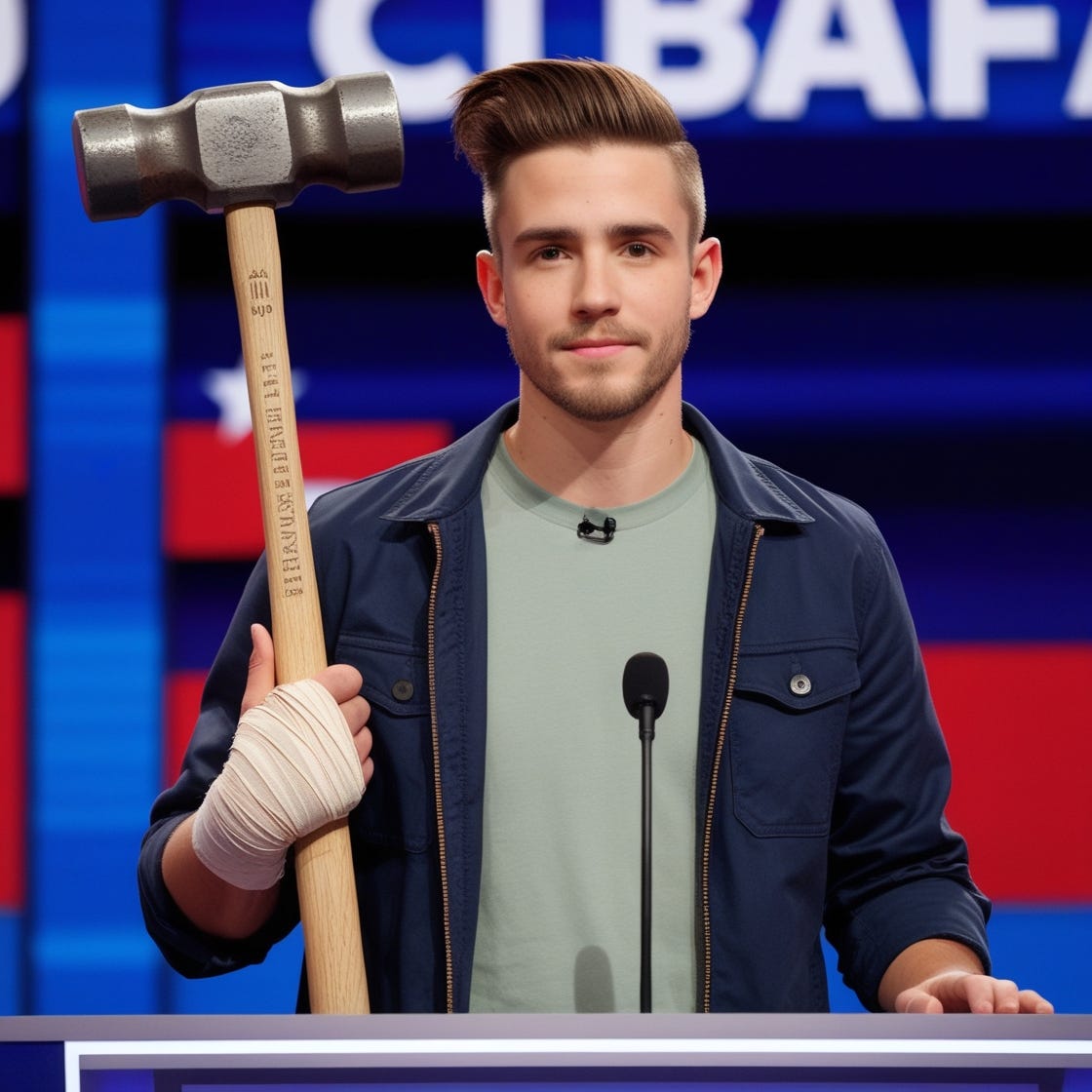 A young man, about 30 years old, with a thin beard, wearing a T-shirt and jacket, and short hair in a pompadour, stands on a political debate platform on TV, looking straight at the viewer. Only his right hand is bandaged. His left hand is behind his body, but he is holding a very large hammer, the head of which is appearing behind his back. A young man, about 30 years old, with a thin beard, wearing a T-shirt and jacket, and short hair in a pompadour, stands on a political debate platform on TV, looking straight at the viewer. Only his right hand is bandaged. His left hand is behind his body, but he is holding a very large hammer, the head of which is appearing behind his back.