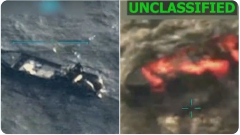 US military images of a boat identified as a smuggling vessel before (and after) it was attacked on President Trump's orders on Sept. 15, 2025