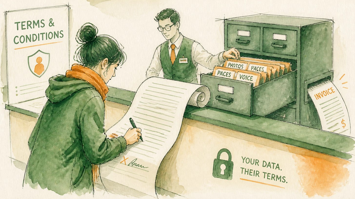 A person signs an endless terms-and-conditions scroll while a clerk files folders labeled Photos, Faces, and Voice under a sign reading "Your data. Their terms."