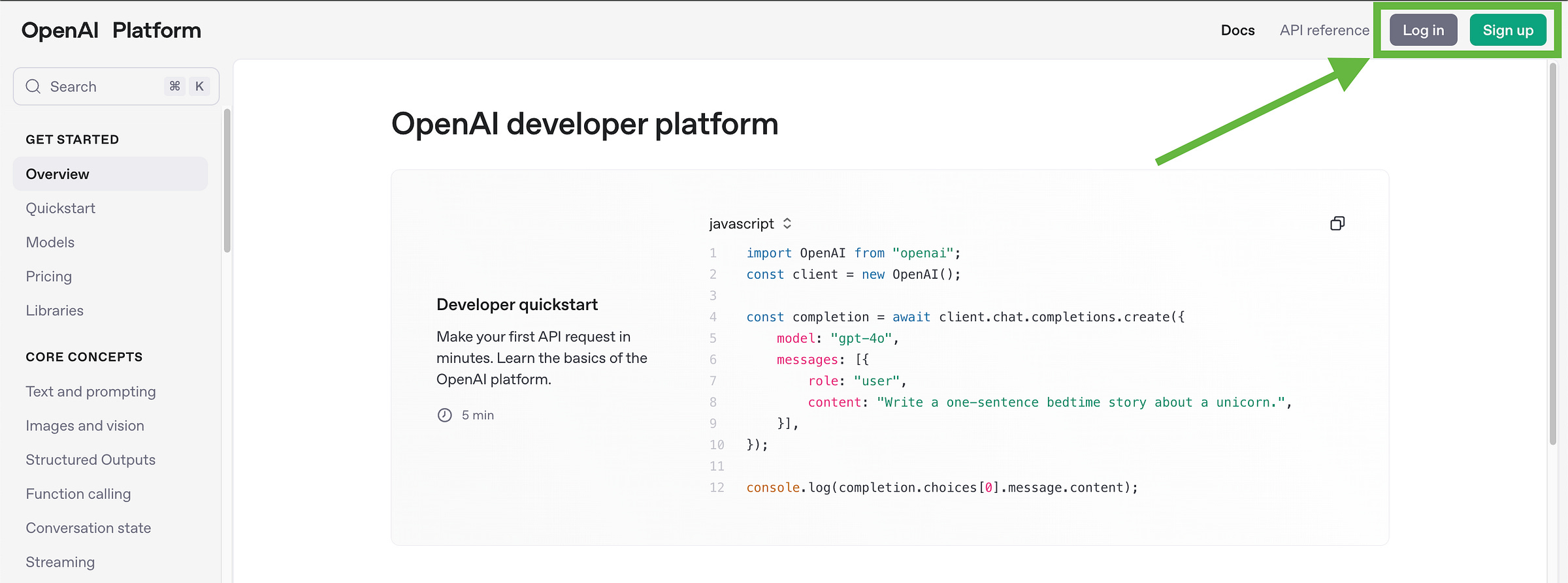 OpenAI platform homepage showing the developer interface with login and signup buttons highlighted with a green arrow in the top right corner