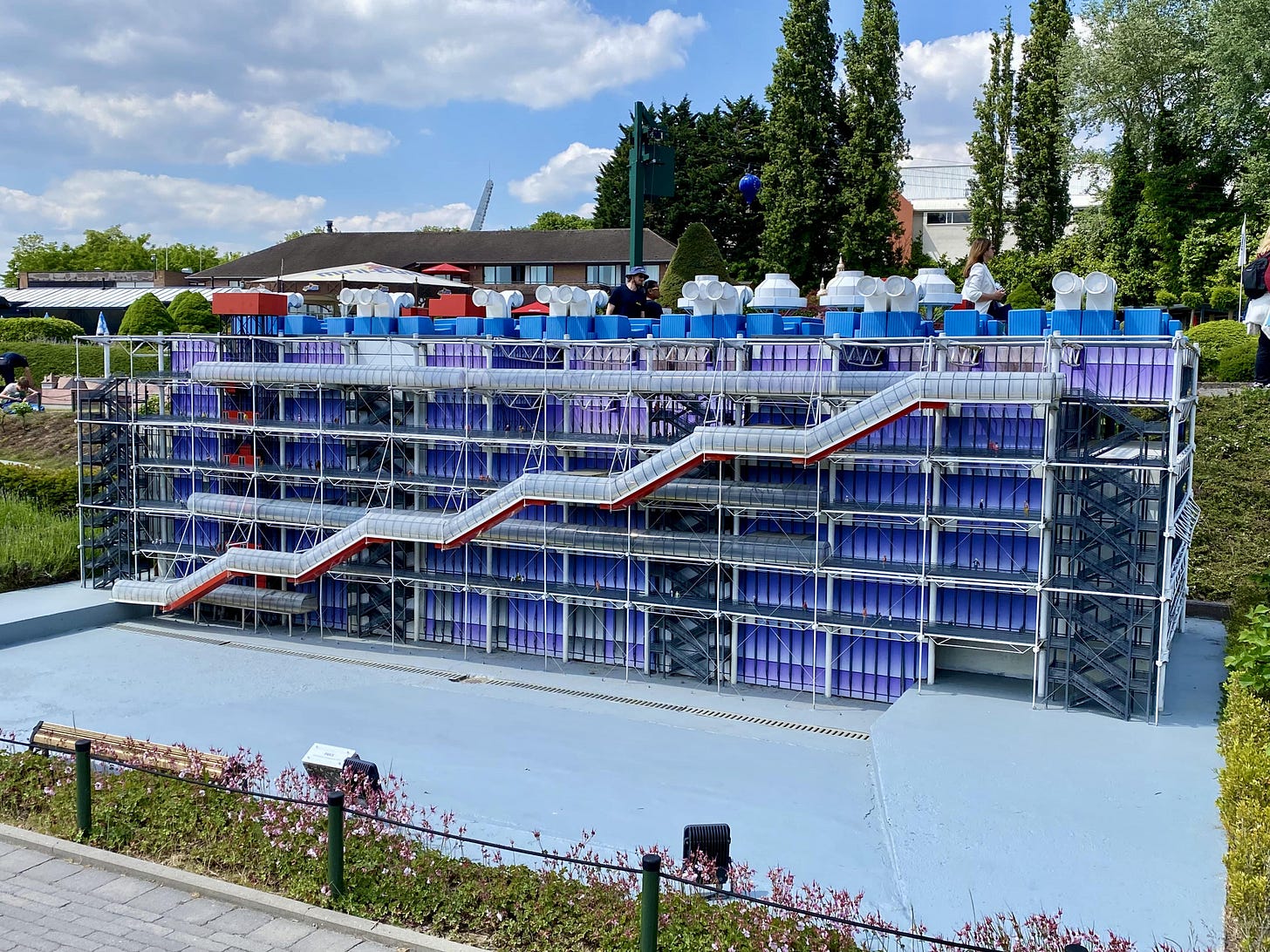 The model of the multi-coloured Centre Pompidou, which is built in a postmodern, “inside-out” style.