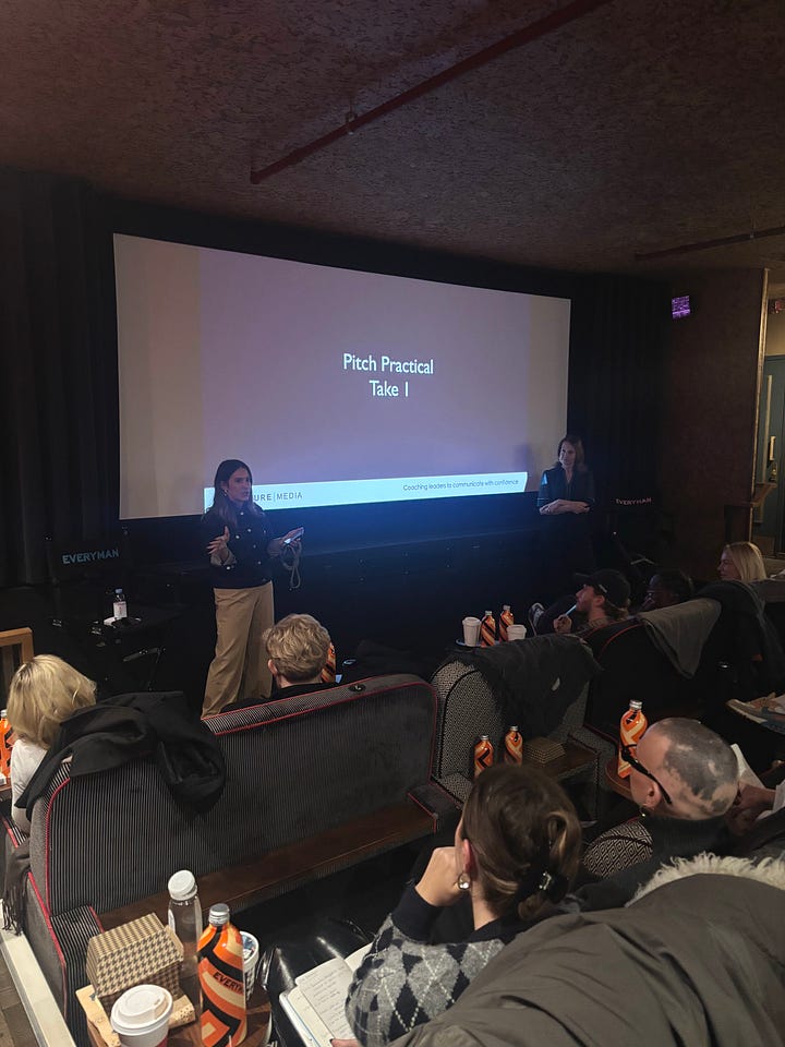 Photos of Sedge, Rachel, George and Felicity during their sessions. They're standing in front of a cinema screen with their presentations, speaking to a room of agency founders all sat on comfy sofas at Everyman Kings Cross.