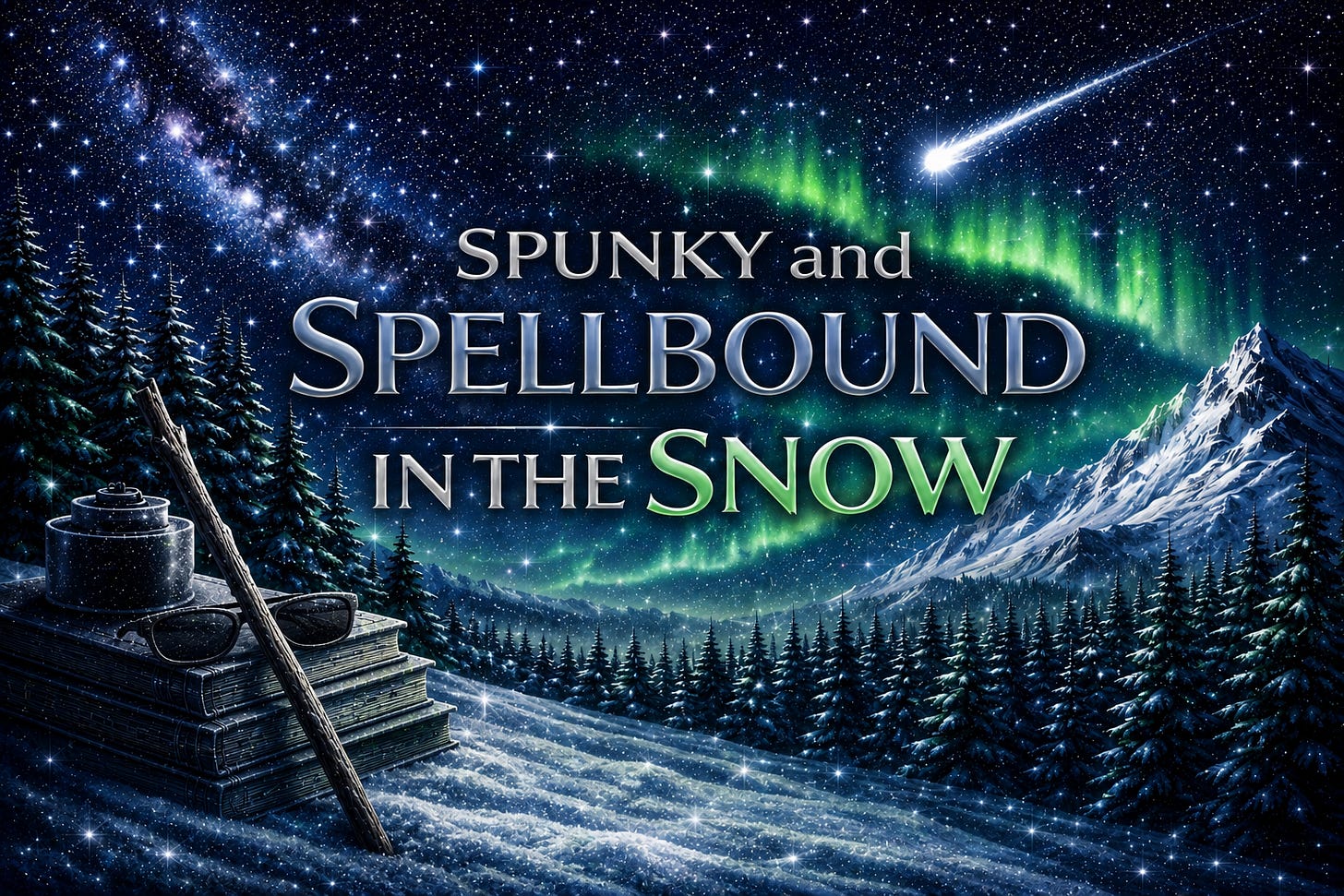 Spunky and Spellbound in the Snow header - An aurora filled sky with a mountain range in the background, trees coming towards the readerr and a set of books to the side
