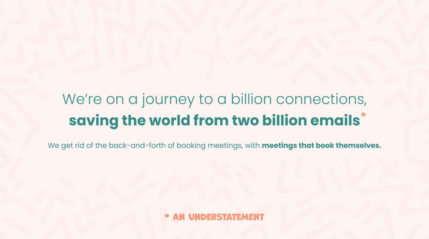 Slide describing Meet-Ting’s goal of reaching a billion connections and saving the world from two billion scheduling emails.