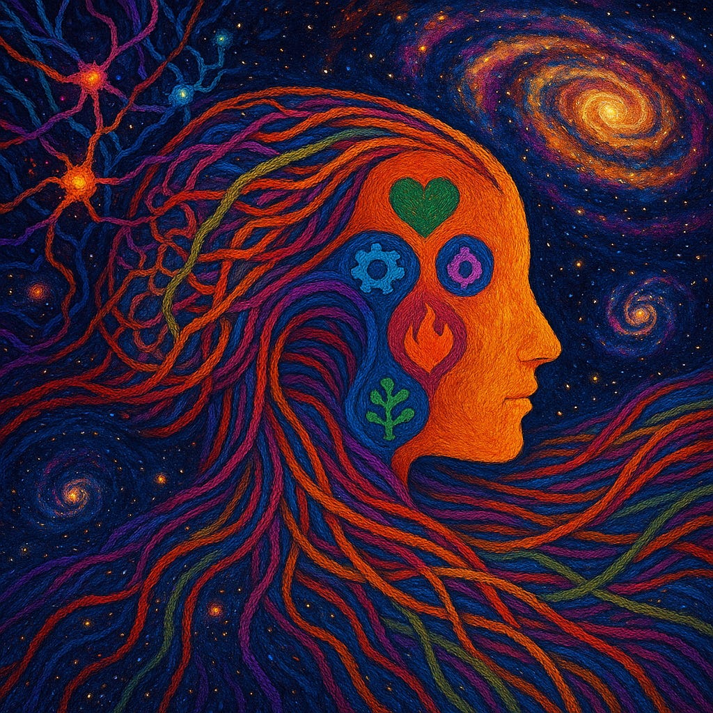 A vibrant cosmic tapestry depicting the unity of science, consciousness, and the universe. The profile of a human face, woven in radiant oranges, emerges against a star-filled sky. Flowing threads of vivid reds, purples, and blues extend from the head, blending into glowing neural networks on one side and swirling galaxies on the other. Within the face, five symbolic icons — heart, gear, flame, spiral, and leaf — represent the fundamental needs of consciousness interwoven with cosmic and neural patterns.