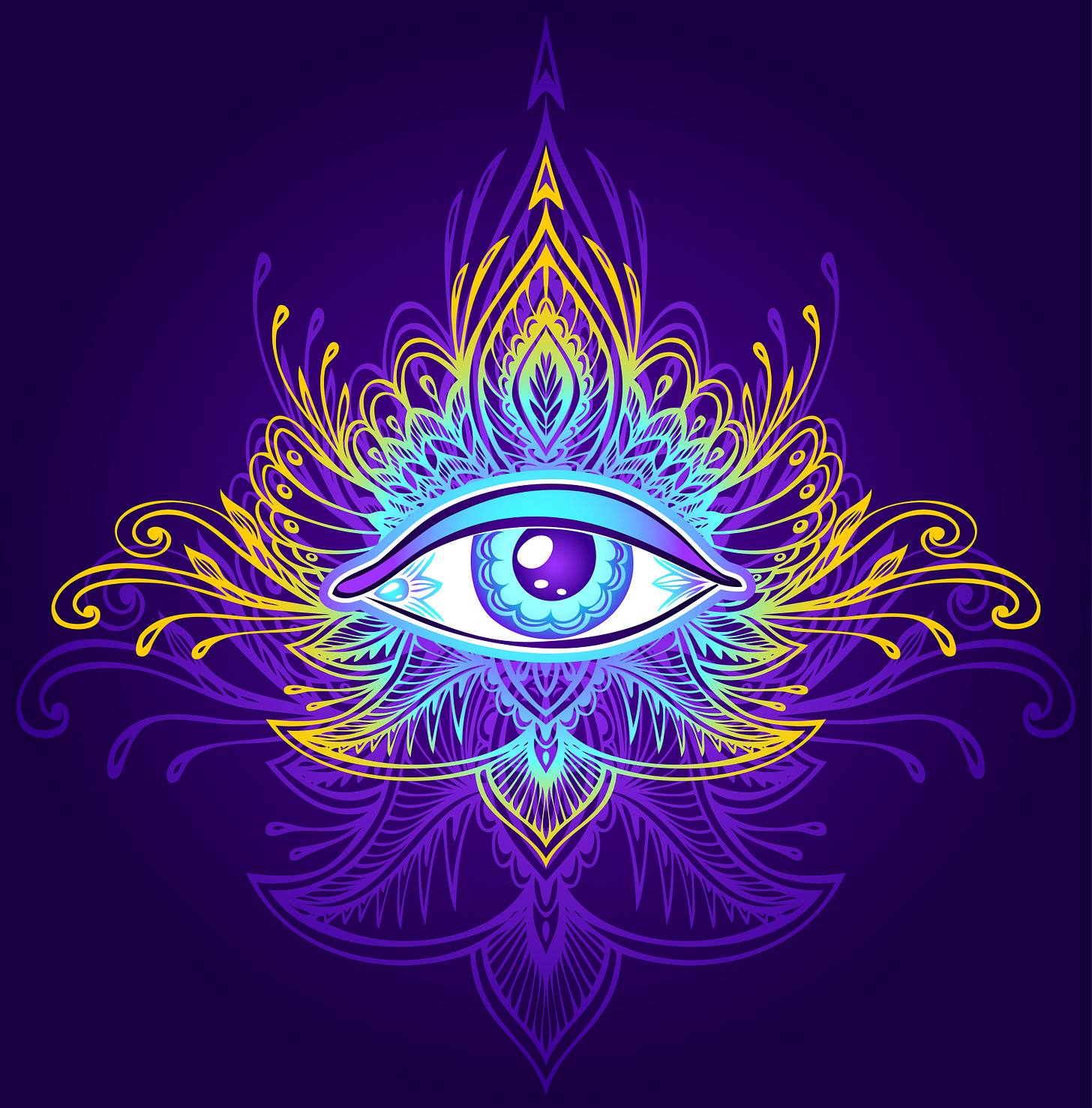Artistic rendering of an eye in purple, yellow, and turquoise.
