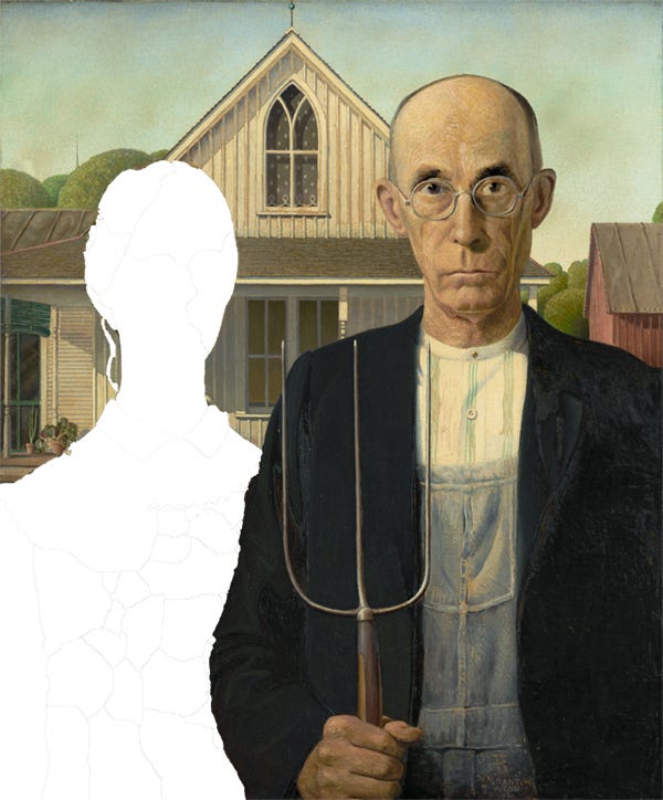 Modified American Gothic painting showing an older white male farmer holding a pitchfork on the right in front of farmhouse with a Gothic style window. The empty space in the left front was occupied by the farmer's adult daughter in the original.