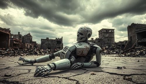 Photo a damaged white humanoid robot resting on cracked pavement amidst the ruins of an abandoned city evoking a sense of desolation and technological decay